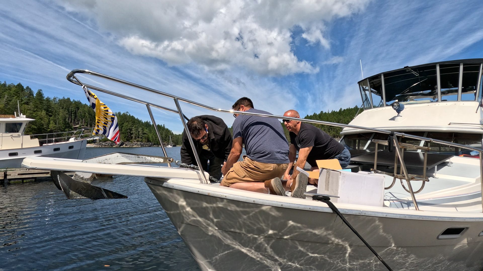Working on the new windlass installation at the bow