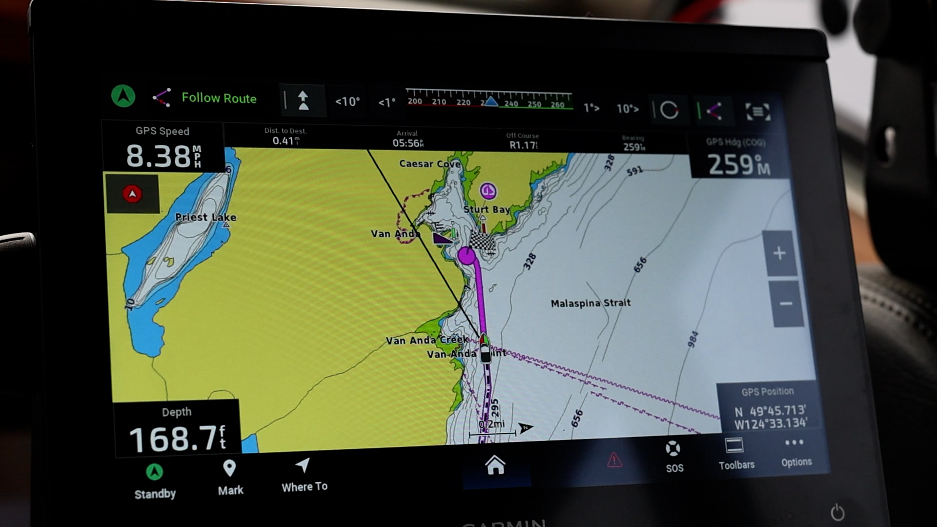 Garmin chartplotter showing the route into Sturt Bay, Van Anda
