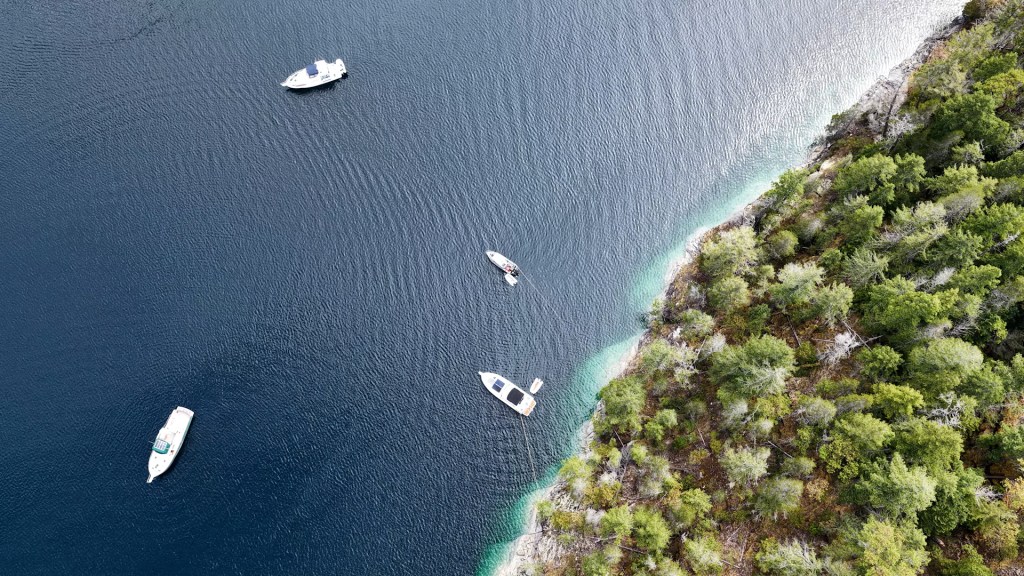 A few boats near a rocky, tree-lined shoreline