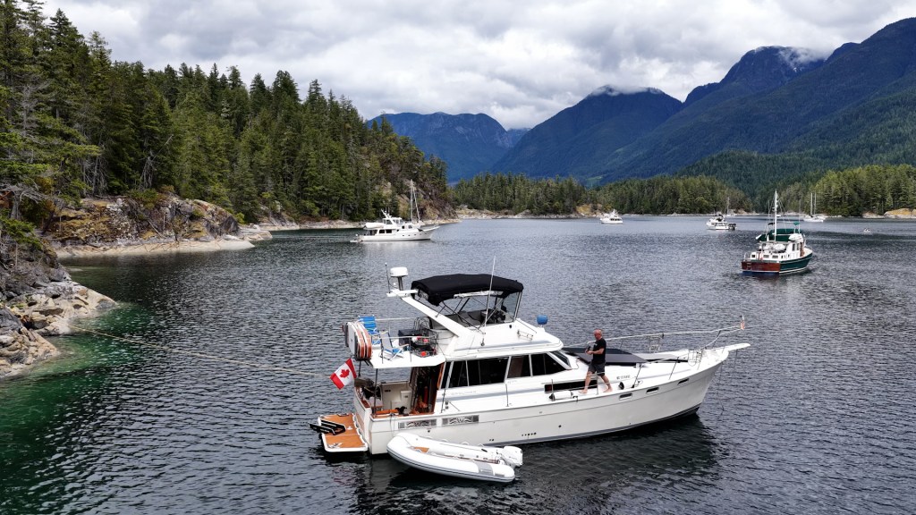 Anchored in a mountain-backed cove at Desolation Sound