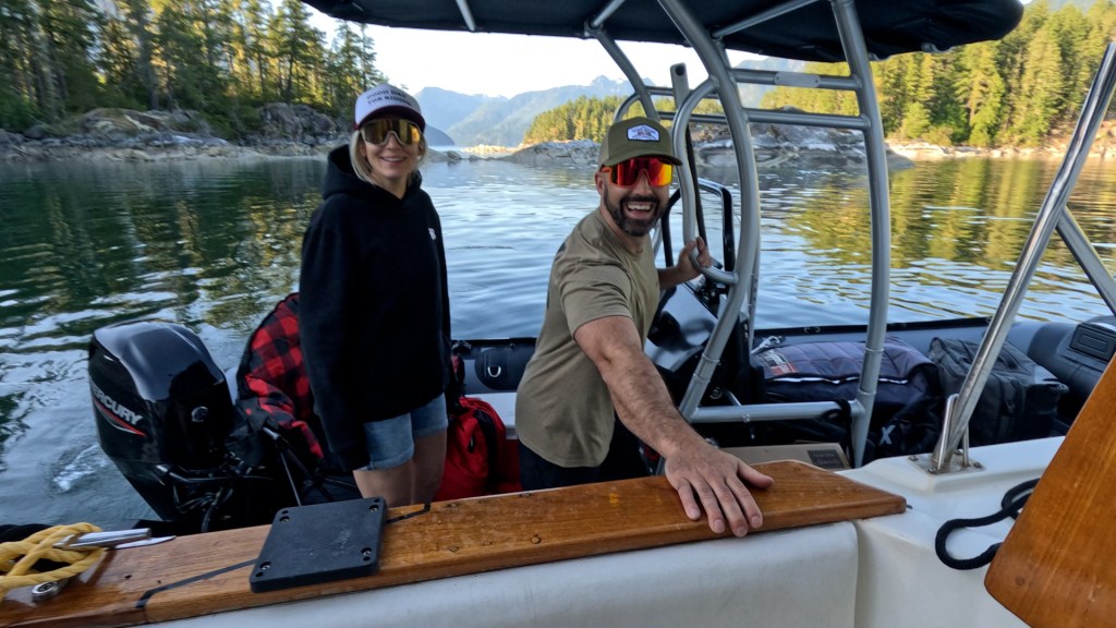 Cody and Claire arriving at Laura Cove aboard their Stryker RIB 470
