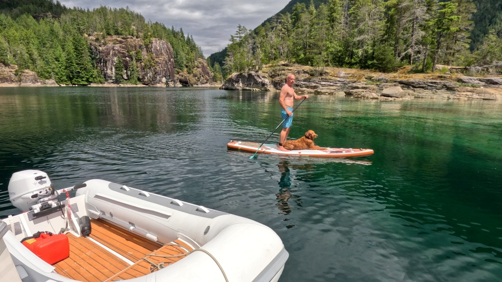 Paddleboarding across the calm waters of Walsh Cove
