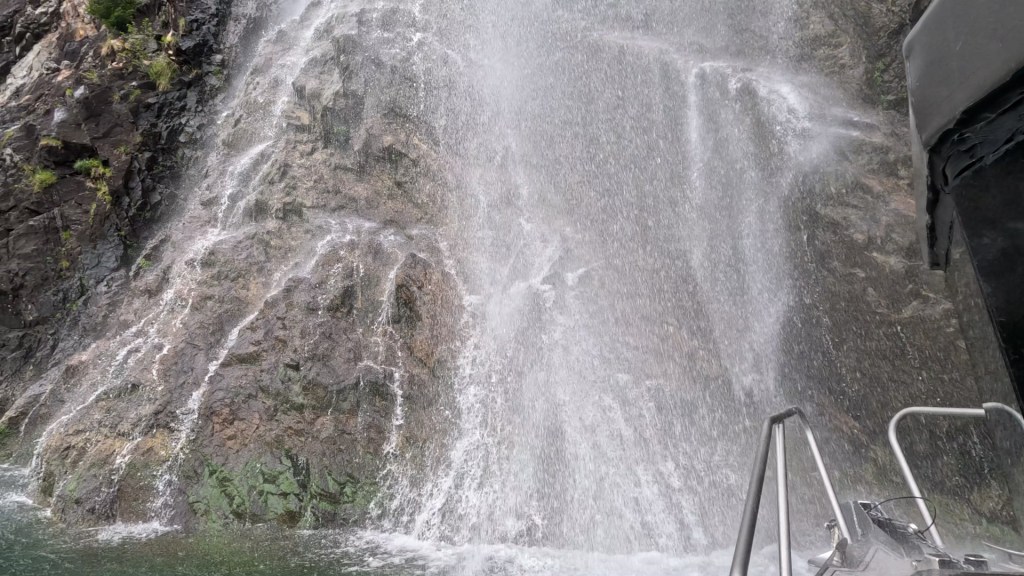 One of the waterfalls pouring down the rock faces of Toba Inlet, BC
