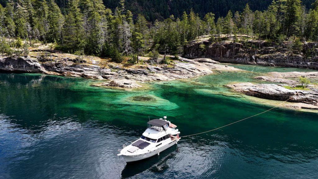 Aerial view of the stern-tied anchorage at Walsh Cove, Desolation Sound