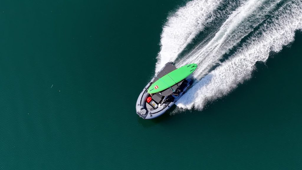 Drone shot of the Stryker RIB 470 carving a turn
