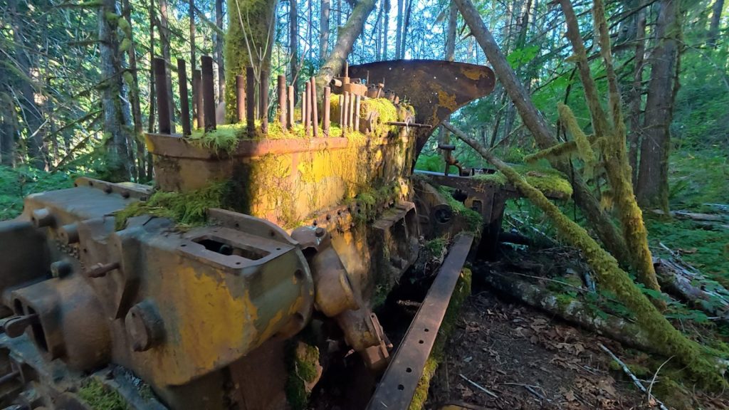 Old moss-covered logging machinery in the forest near Melanie Cove