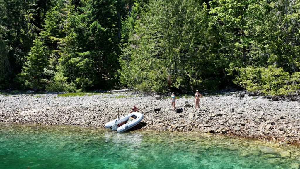Stryker RIB LX 330 pulled up on the beach at low tide in Pendrell Sound
