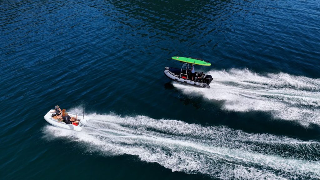 Stryker RIB LX 330 and Stryker RIB 470 running side by side toward Pendrell Sound